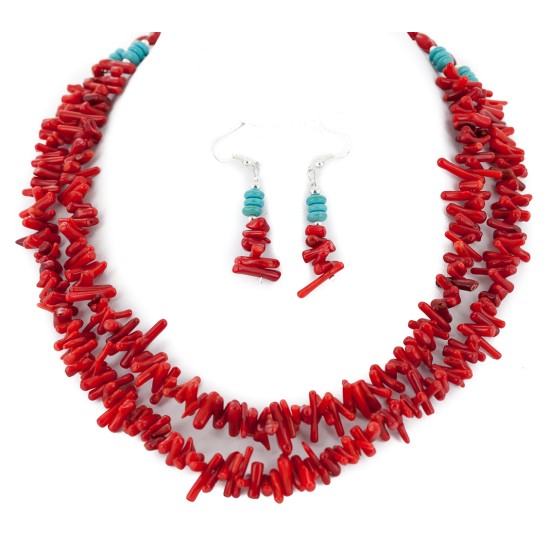 2 Strand Certified Authentic Navajo .925 Sterling Silver Hooks Coral Earrings and Native American Necklace Set 17012-18105-2