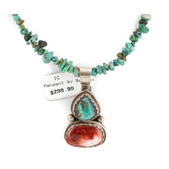 .925 Sterling Silver Certified Authentic Navajo Natural Turquoise Spiny Oyster Black Onyx Native American Necklace  15018-5-15781