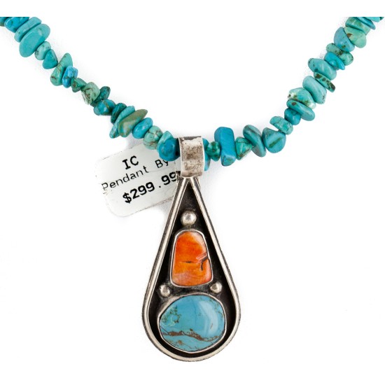 .925 Sterling Silver Certified Authentic Navajo Natural Turquoise Spiny Oyster Coral Native American Necklace  14863-14-15222
