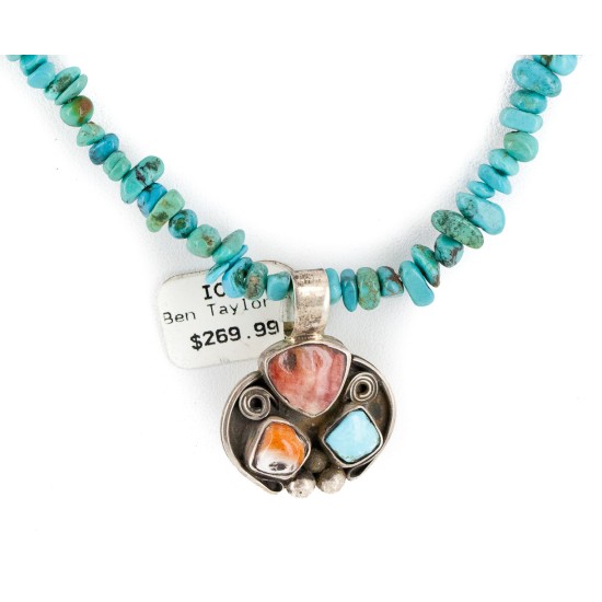 .925 Sterling Silver Certified Authentic Navajo Turquoise Spiny Oyster Native American Necklace  34105-3-14869