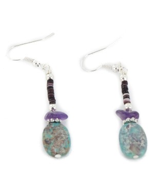 Certified Authentic Navajo .925 Sterling Silver Hooks Dangle Natural Turquoise Amethyst Native American Earrings 18106-4