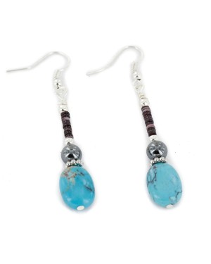 Certified Authentic Navajo .925 Sterling Silver Hooks Dangle Natural Turquoise Hematite Native American Earrings 18106-1