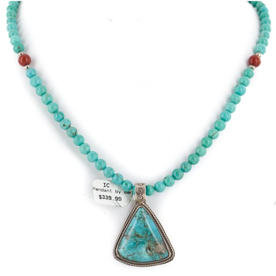 .925 Sterling Silver Certified Authentic Navajo Natural Turquoise and Coral Native American Necklace 15003-9-15222