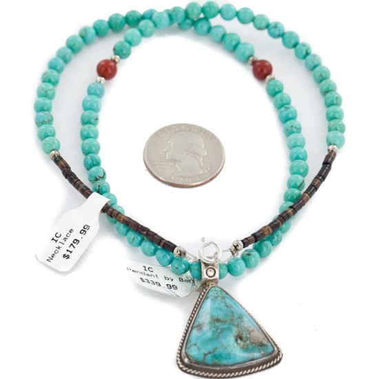 .925 Sterling Silver Certified Authentic Navajo Natural Turquoise and Coral Native American Necklace 15003-9-15222