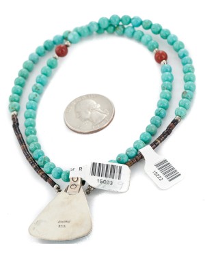 .925 Sterling Silver Certified Authentic Navajo Natural Turquoise and Coral Native American Necklace 15003-9-15222