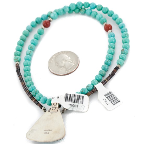 .925 Sterling Silver Certified Authentic Navajo Natural Turquoise and Coral Native American Necklace 15003-9-15222