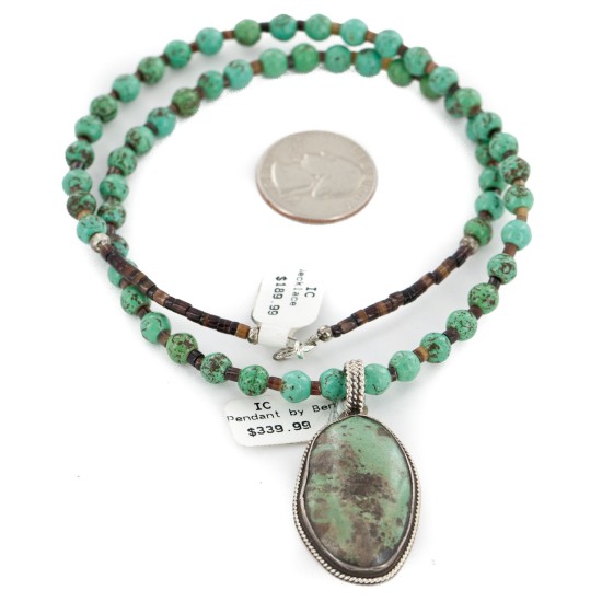 .925 Sterling Silver Certified Authentic Navajo Natural Turquoise Native American Necklace 15003-1-15338