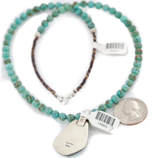 .925 Sterling Silver Certified Authentic Navajo Natural Turquoise Native American Necklace 5003-7-15222