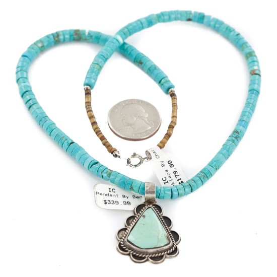 .925 Sterling Silver Certified Authentic Navajo Natural Turquoise Native American Necklace 14798-5-15398