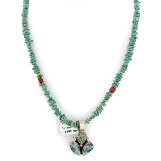 .925 Sterling Silver Certified Authentic Navajo Natural Turquoise Coral Native American Necklace 15040-23-790102