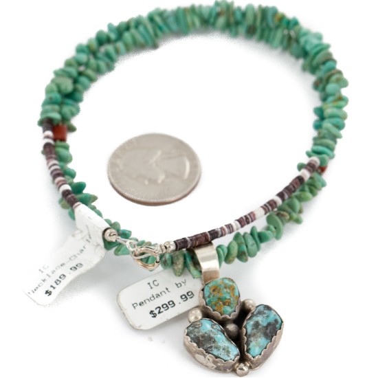 .925 Sterling Silver Certified Authentic Navajo Natural Turquoise Coral Native American Necklace 15040-23-790102