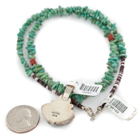 .925 Sterling Silver Certified Authentic Navajo Natural Turquoise Coral Native American Necklace 15040-23-790102