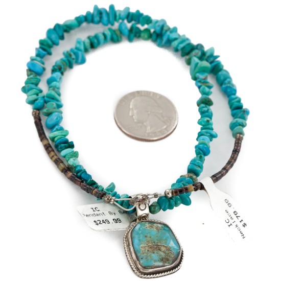 .925 Sterling Silver Navajo Certified Authentic Natural Turquoise Native American Necklace 14807-20-15222