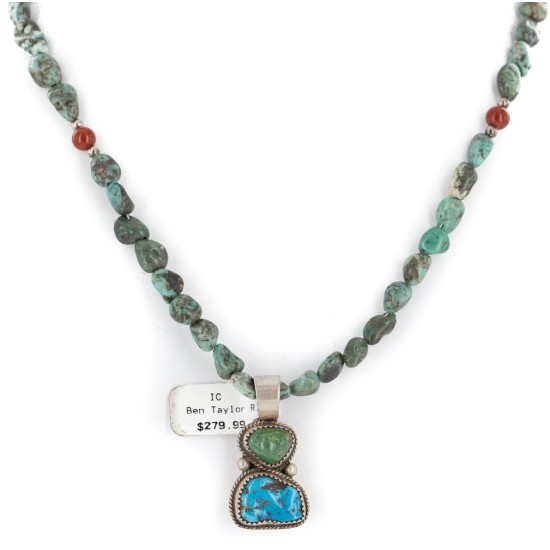 .925 Sterling Silver Certified Authentic Navajo Turquoise Coral Native American Necklace 14545-20-14949