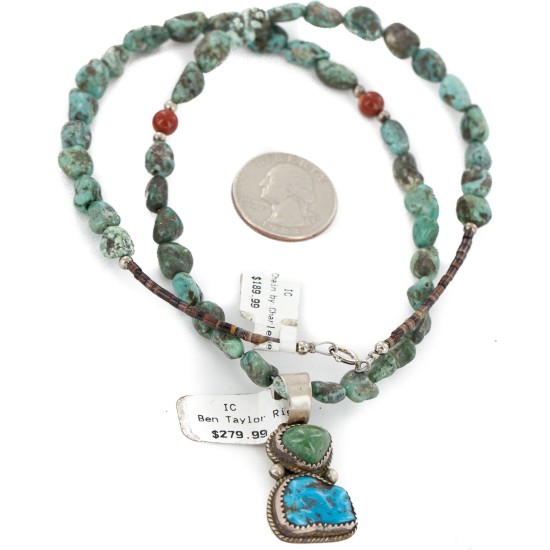 .925 Sterling Silver Certified Authentic Navajo Turquoise Coral Native American Necklace 14545-20-14949