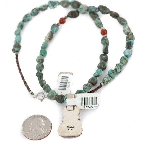 .925 Sterling Silver Certified Authentic Navajo Turquoise Coral Native American Necklace 14545-20-14949
