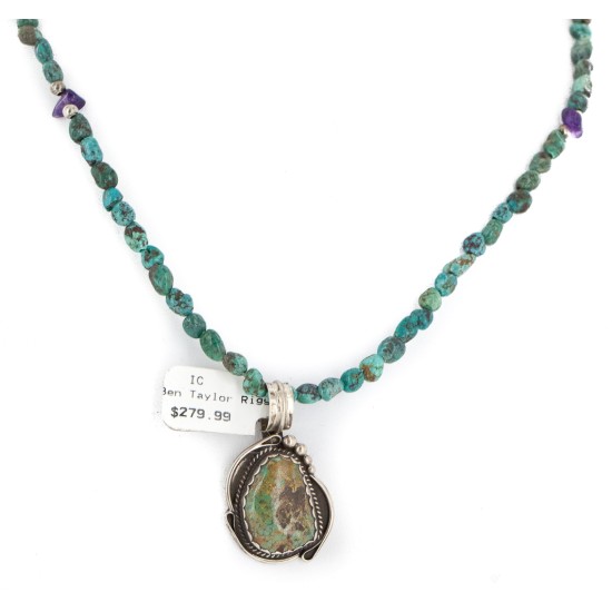 .925 Sterling Silver Certified Authentic Navajo Turquoise Amethyst Native American Necklace 14545-12-15762