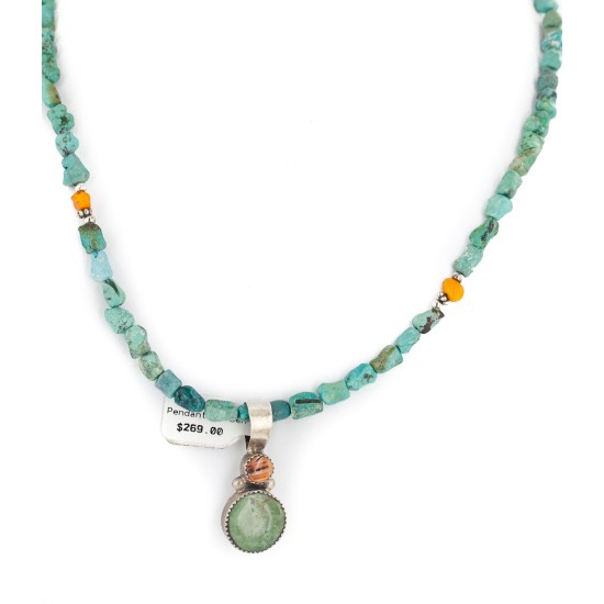 .925 Sterling Silver Certified Authentic Navajo Natural Turquoise Spiny Oyster Native American Necklace 14164-13-15781