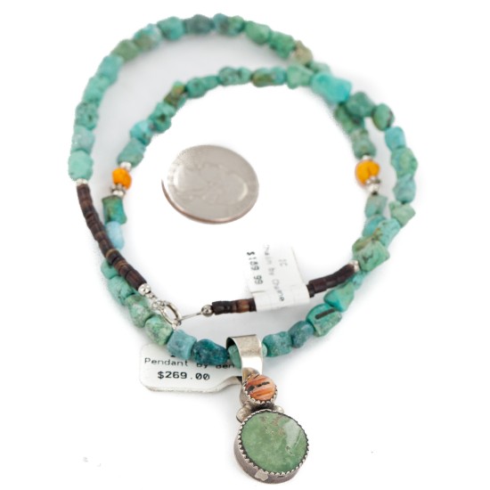 .925 Sterling Silver Certified Authentic Navajo Natural Turquoise Spiny Oyster Native American Necklace 14164-13-15781