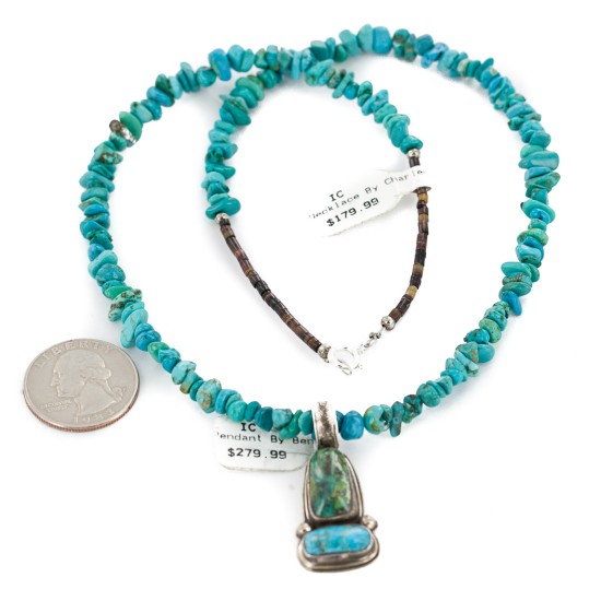 .925 Sterling Silver Certified Authentic Navajo Turquoise Native American Necklace 14476-6-15393