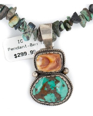 .925 Sterling Silver Certified Authentic Navajo Natural Spiderweb and Turquoise Spiny Oyster Native American Necklace 740104-49-102247