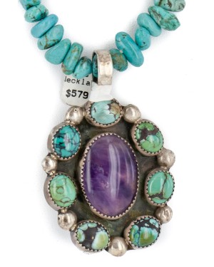 .925 Sterling Silver Certified Authentic Navajo Natural Spiderweb Turquoise Purple Spiny Oyster Native American Necklace 15608-15370