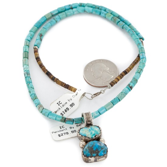 .925 Sterling Silver Certified Authentic Navajo Natural Turquoise Native American Necklace 14297-12-15762