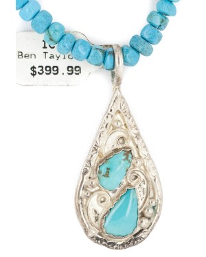 .925 Sterling Silver Certified Authentic Navajo Natural Turquoise Native American Necklace  14998-14391