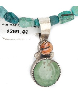 .925 Sterling Silver Certified Authentic Navajo Natural Turquoise Spiny Oyster Native American Necklace 14164-13-15781