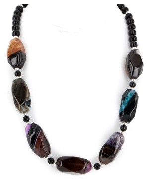 Navajo Nickel Black Onyx Dyed Amethyst and Quartz Agate Native American Necklace 25290