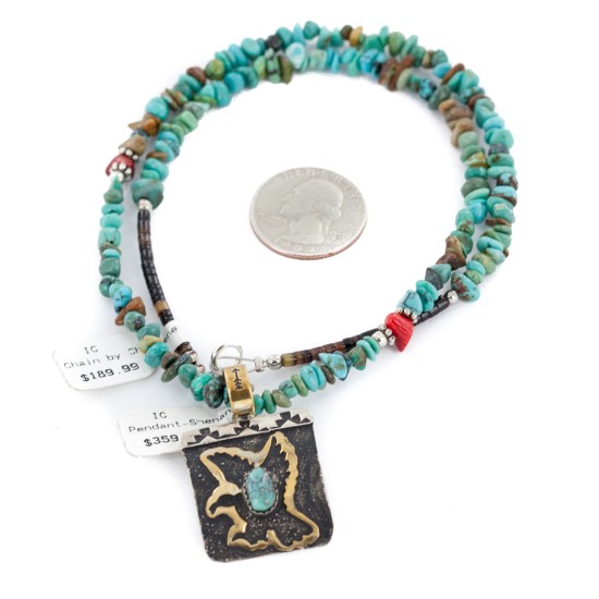 12kt Gold Filled .925 Sterling Silver Eagle Handmade Certified Authentic Navajo Natural Turquoise Coral Native American Necklace 24300-16025-2
