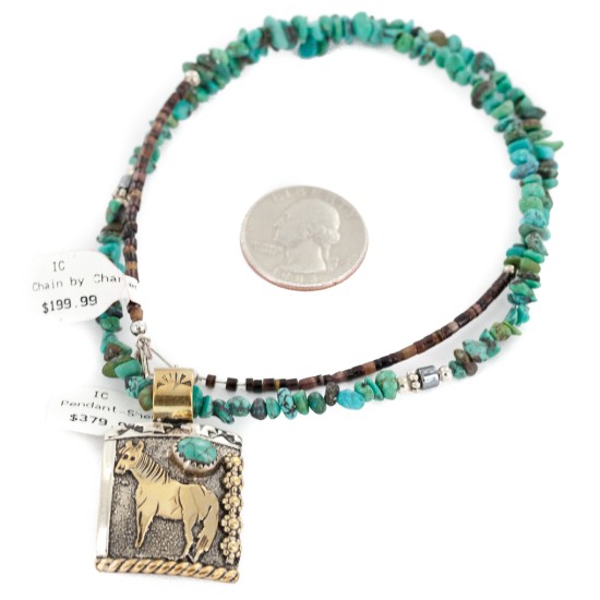 12kt Gold Filled .925 Sterling Silver Horse Handmade Certified Authentic Navajo Natural Turquoise Hematite Native American Necklace 24252-2-15875-31