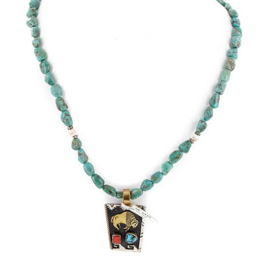 12kt Gold Filled .925 Sterling Silver Buffalo Handmade Certified Authentic Navajo White and Turquoise Coral Native American Necklace 1507-8-15781 12kt Gold Filled .925 Sterling Silver Buffalo Handmade Certified Authentic Navajo White and Turquoise Coral Native American Necklace 1507-8-15781