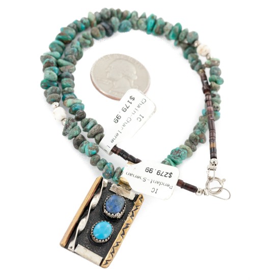 12kt Gold Filled .925 Sterling Silver Handmade Certified Authentic Navajo White and Turquoise Lapis Native American Necklace 24150-15956-3