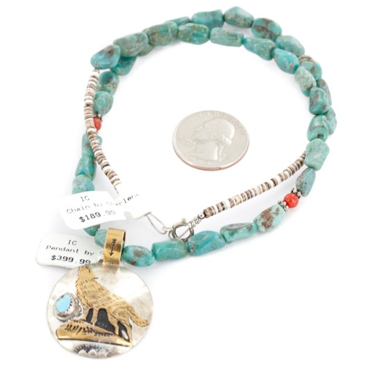 12kt Gold Filled .925 Sterling Silver Wolf Handmade Certified Authentic Navajo Turquoise Coral Native American Necklace 24154-34-15781 12kt Gold Filled .925 Sterling Silver Wolf Handmade Certified Authentic Navajo Turquoise Coral Native American Necklace 24154-34-15781