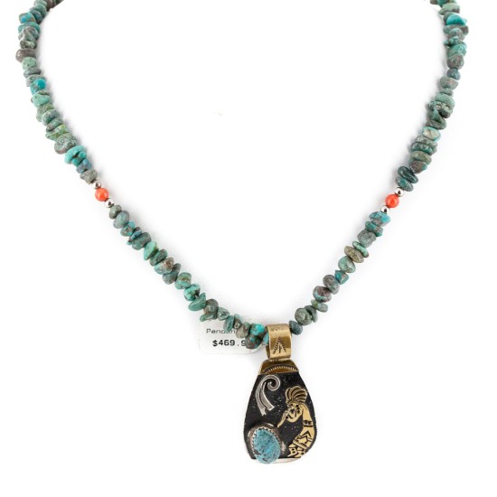 12kt Gold Filled .925 Sterling Silver Kokopelli Handmade Certified Authentic Navajo Natural Turquoise Coral Native American Necklace  24326-2-15957-1
