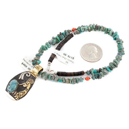 12kt Gold Filled .925 Sterling Silver Kokopelli Handmade Certified Authentic Navajo Natural Turquoise Coral Native American Necklace  24326-2-15957-1