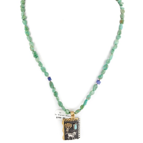12kt Gold Filled .925 Sterling Silver Storyteller Handmade Certified Authentic Navajo Turquoise Lapis Native American Necklace 14456-5