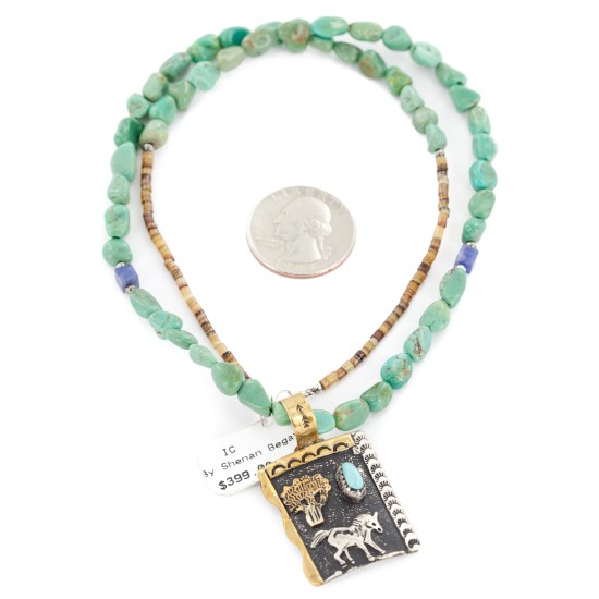 12kt Gold Filled .925 Sterling Silver Storyteller Handmade Certified Authentic Navajo Turquoise Lapis Native American Necklace 14456-5
