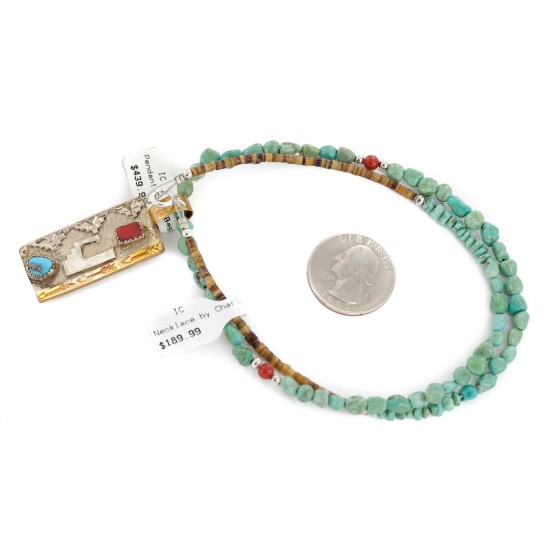 12kt Gold Filled .925 Sterling Silver Handmade Certified Authentic Navajo Turquoise Coral Native American Necklace 740101-47-17019-4
