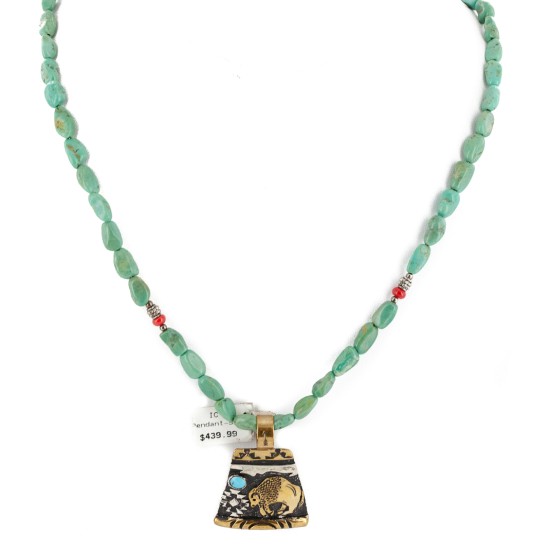 12kt Gold Filled .925 Sterling Silver Buffalo Handmade Certified Authentic Navajo Turquoise Coral Native American Necklace 740101-1-17019-3