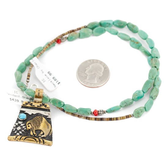 12kt Gold Filled .925 Sterling Silver Buffalo Handmade Certified Authentic Navajo Turquoise Coral Native American Necklace 740101-1-17019-3