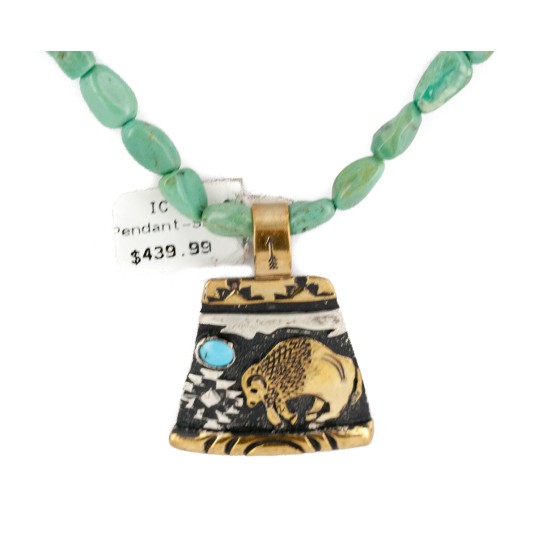 12kt Gold Filled .925 Sterling Silver Buffalo Handmade Certified Authentic Navajo Turquoise Coral Native American Necklace 740101-1-17019-3