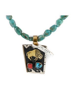 12kt Gold Filled .925 Sterling Silver Buffalo Handmade Certified Authentic Navajo White and Turquoise Coral Native American Necklace 1507-8-15781