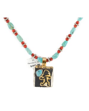 12kt Gold Filled .925 Sterling Silver Handmade Certified Authentic Navajo Natural Turquoise Coral Native American Necklace 740103-17-17019-2