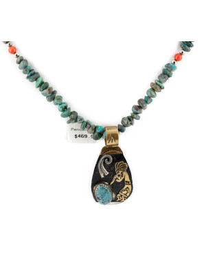 12kt Gold Filled .925 Sterling Silver Kokopelli Handmade Certified Authentic Navajo Natural Turquoise Coral Native American Necklace  24326-2-15957-1