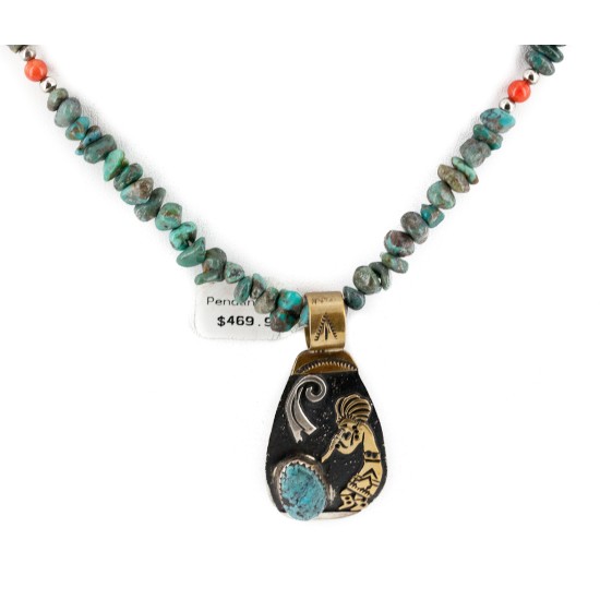 12kt Gold Filled .925 Sterling Silver Kokopelli Handmade Certified Authentic Navajo Natural Turquoise Coral Native American Necklace  24326-2-15957-1