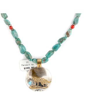 12kt Gold Filled .925 Sterling Silver Wolf Handmade Certified Authentic Navajo Turquoise Coral Native American Necklace 24154-34-15781