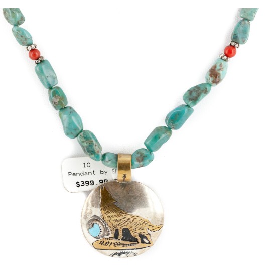 12kt Gold Filled .925 Sterling Silver Wolf Handmade Certified Authentic Navajo Turquoise Coral Native American Necklace 24154-34-15781 12kt Gold Filled .925 Sterling Silver Wolf Handmade Certified Authentic Navajo Turquoise Coral Native American Necklace 24154-34-15781