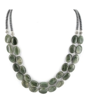2 Strand Certified Authentic .925 Stering Silver Navajo Natural Green Agate Hematite Native American Necklace 17017